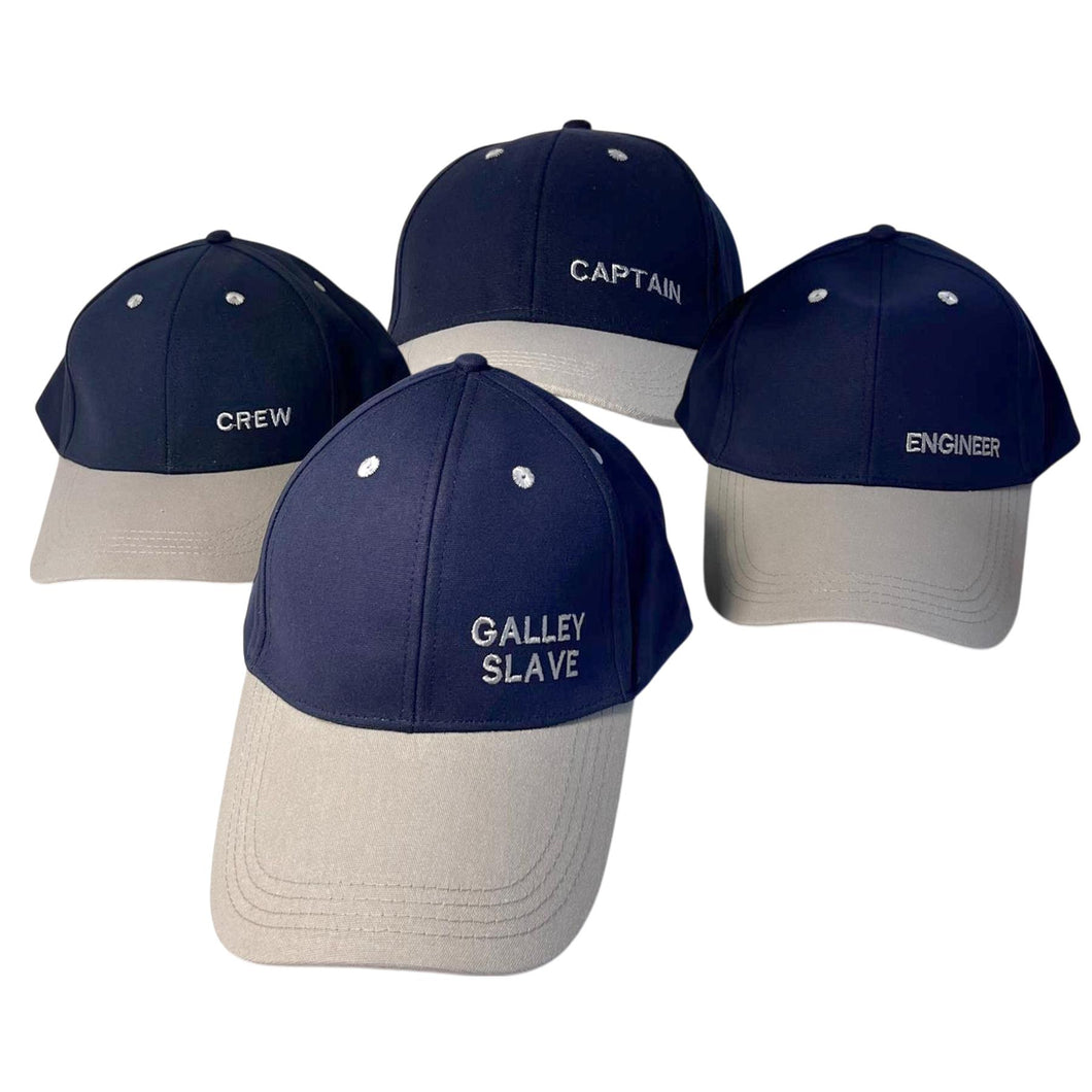 Set of 4 Adjustable Navy-Blue Baseball Caps, Galley Slave, Captain, Crew & Engineer, Nautical Boating Hats for Sailing, Yachting & Team Uniform