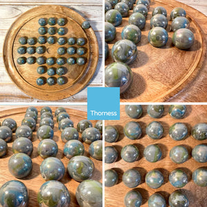 30cm Diameter MANGO WOOD SOLITAIRE BOARD GAME with THUNDERBOLT GLASS MARBLES | |classic wooden solitaire game | strategy board game | family board game | games for one | board games