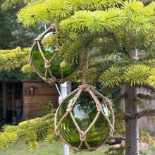 Load image into Gallery viewer, TWO DEEP GREEN GLASS FISHING FLOAT ORNAMENTAL SEA BUOY | hand blown | nautical seafaring fishing rustic décor | 10cm diameter | with rustic brown string netting and hanging loop | Japanese style glass fishing floats
