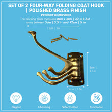 Load image into Gallery viewer, Set of Two Polished Brass 𝟯-𝗣𝗥𝗢𝗡𝗚 𝗦𝗪𝗜𝗩𝗘𝗟 𝗖𝗢𝗔𝗧 𝗛𝗢𝗢𝗞𝗦,  Folding Wall Mount Hanger with Screws Included
