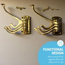 Load image into Gallery viewer, Set of Two Polished Brass 𝟯-𝗣𝗥𝗢𝗡𝗚 𝗦𝗪𝗜𝗩𝗘𝗟 𝗖𝗢𝗔𝗧 𝗛𝗢𝗢𝗞𝗦,  Folding Wall Mount Hanger with Screws Included
