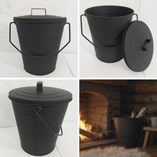 Load image into Gallery viewer, 𝗠𝗔𝗧𝗧 𝗕𝗟𝗔𝗖𝗞 𝟭𝟮&quot; 𝗔𝗦𝗛 𝗕𝗨𝗖𝗞𝗘𝗧 𝗪𝗜𝗧𝗛 𝗟𝗜𝗗 |  𝗛𝟯𝟲𝗖𝗠 𝗫 𝗗𝗜𝗔. 𝟮𝟴𝗖𝗠 | Coal &amp; Ash Storage Bucket with Handle | Heat-Resistant Metal Fireside Accessory for Fireplace | Log Burner | Stove or Fire Pit | Ash Collection
