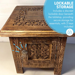 Folding Wooden Side Table with lockable storage, Decorative Wooden Side Table with cutwork detail, Bedside Table
