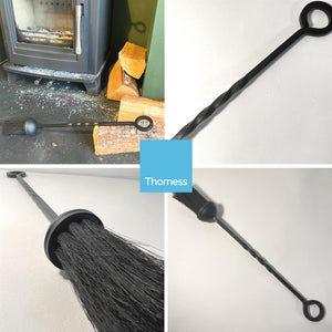 Cast iron FIREPLACE BLACK HEARTH BRUSH with eye ring handle | 47cm long | Stylish twisted design handle | fireside tools fire brush | Suffolk Brush | for Outdoor Fire Pit Campfires Indoor Fireplace