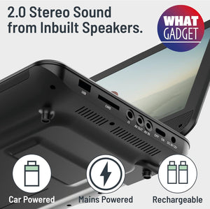 12” Portable DVD Player | Rechargeable DVD Player Portable with 10.5 inch HD Swivel and Flip Screen | Mains or Car Powered, Region Free, Anti-Shock Protect, Remote Control | Oakcastle DVD120