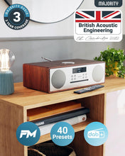 Load image into Gallery viewer, DAB+ Radio &amp; CD Player | Compact Wooden HiFi Music System | Bluetooth Digital Home Stereo | FM, 20 Presets, Radio Alarm, &amp; Remote Control | AUX &amp; USB Input | USB Charging | MAJORITY Oakington (Walnut)
