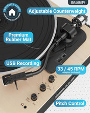 Load image into Gallery viewer, Refurbished Majority Folio 𝗕𝗘𝗟𝗧 𝗗𝗥𝗜𝗩𝗘 𝗥𝗘𝗖𝗢𝗥𝗗 𝗣𝗟𝗔𝗬𝗘𝗥 𝗪𝗜𝗧𝗛 𝗕𝗟𝗨𝗘𝗧𝗢𝗢𝗧𝗛 | Wooden Home Audio Vinyl Player with Integrated Stereo Speakers | USB Recording &amp; Playback, AT3600L Cartridge, and Auto Stop Function | Majority Folio Tu
