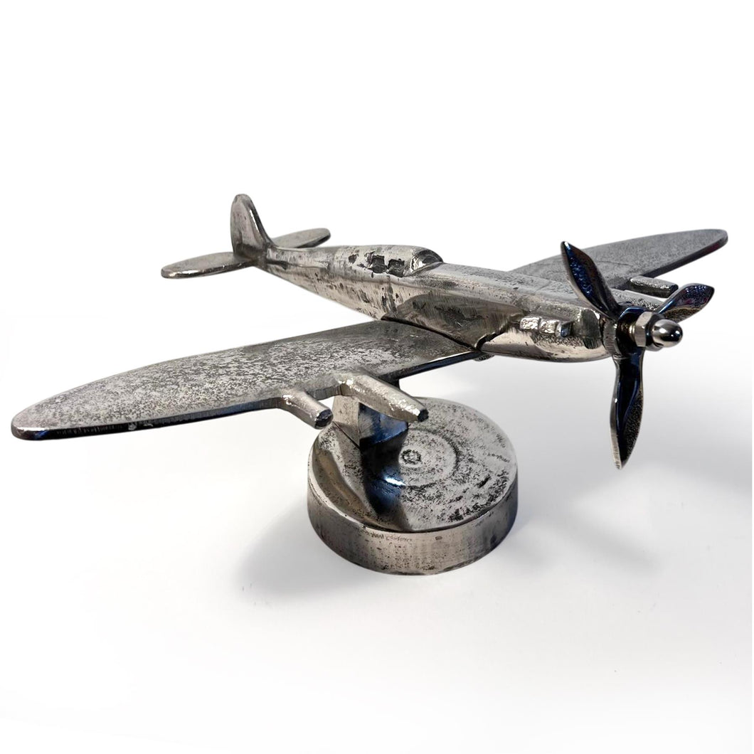 Cast Aluminium Spitfire Model Plane display model on stand with distressed silver finish