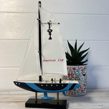 Load image into Gallery viewer, AMERICAS CUP MODEL YACHT BLUE HULL | Sailing | Yacht | Boats | Models | Nautical Gift | Sailing Ornaments | Yacht on Stand
