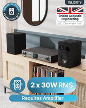 Load image into Gallery viewer, Refurbished Majority 𝗕𝗢𝗢𝗞𝗦𝗛𝗘𝗟𝗙 𝗣𝗔𝗦𝗦𝗜𝗩𝗘 𝗦𝗣𝗘𝗔𝗞𝗘𝗥𝗦 |Hi-Fi Stereo Speakers Pair for Tuners Hi-Fi systems with build in amplifiers | Stereo 2.0, 60W RMS | Solid Build and Compact Size D70X Passive BLACK
