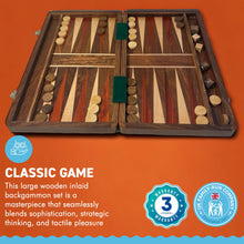 Load image into Gallery viewer, Large WOODEN INLAID BACKGAMMON SET 41cm x 36cm | Classic Strategy Board Game | Wooden playing pieces and dice | Inlaid playing board | back gammon| Backgammon | metal closing decorative clasps
