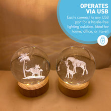 Load image into Gallery viewer, Set of Two 3D Crystal Ball Night Light USB Lamp with Elephant and Giraffe designs, elegant modern illumination for any room
