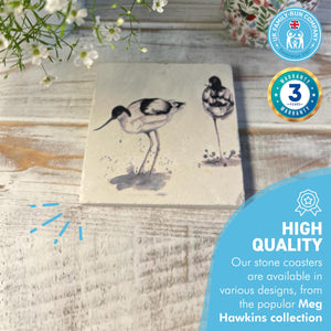 AVOCET STONE COASTER | Stone Coasters | Animal novelty gift | Coaster for glass, mugs and cups| Square coaster for drinks | Bird gift | Meg Hawkins art | 10cm x 10cm