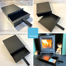 Load image into Gallery viewer, Black powder coated FIRESIDE METAL SQUARE ASH PAN CARRIER BOX AND SHOVEL SET |  Easy Cleaning of Ashes Ideal Fireplace Accessory for Indoor Log Burner &amp; Open Fires
