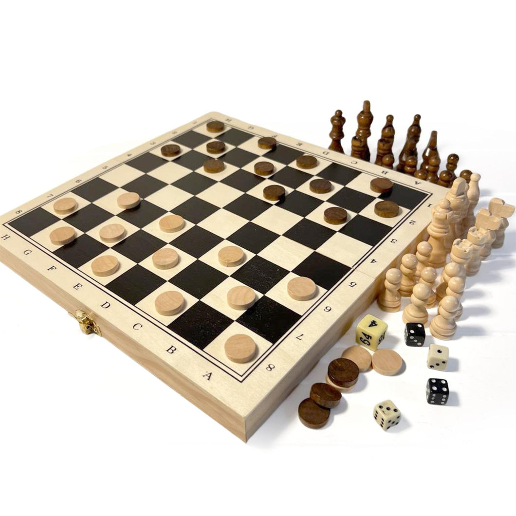 3-in-1 Wooden Travel Chess Set - Foldable Board For Chess, Checkers & Backgammon (29x29cm)