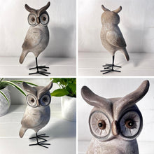 Load image into Gallery viewer, Resin Wood-Effect Standing Owl Ornament with Metal Legs – 25cm Tall, Playful Home Décor
