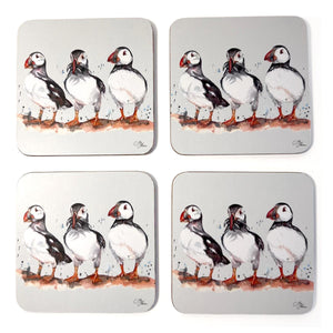 Set of 4 x Cork Coasters with Watercolour Design of Puffins, Wildlife Coaster