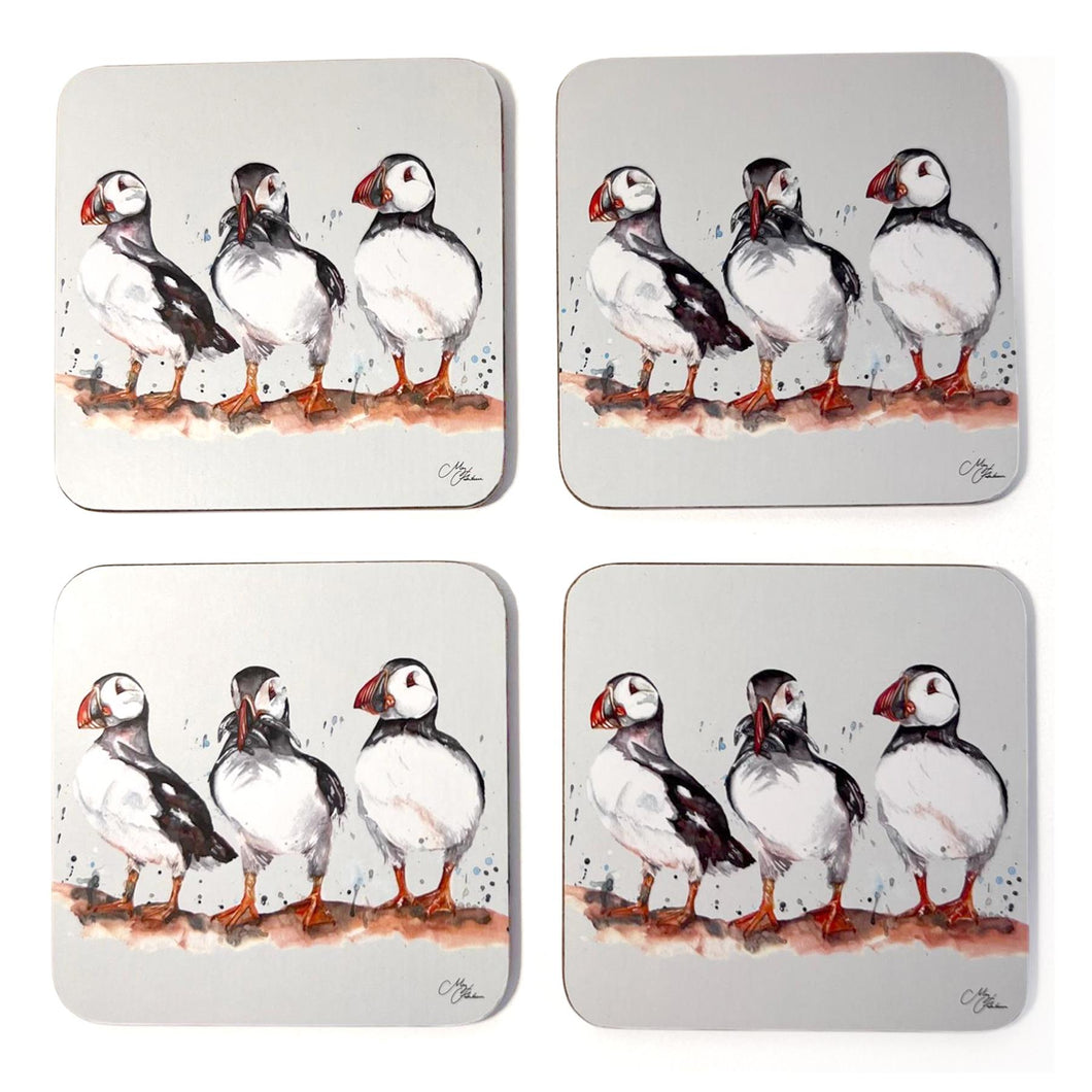 Set of 4 x Cork Coasters with Watercolour Design of Puffins, Wildlife Coaster