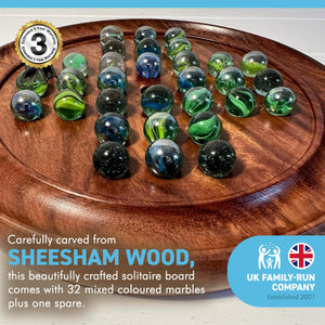 POLISHED WOODEN SOLITAIRE SET WITH MIXED COLOURED GLASS MARBLES | Wooden Games | Marble Games | Games for One | Traditional Games