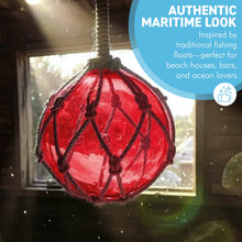 Load image into Gallery viewer, DEEP RED GLASS FISHING FLOAT ORNAMENTAL SEA BUOY | hand blown | nautical seafaring fishing rustic décor | 10cm diameter | with rustic brown string netting and hanging loop | Japanese style glass fishing floats
