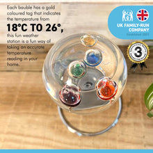 Load image into Gallery viewer, GALILEO THERMOMETER LIGHT BULB SHAPED on Stand | Multicoloured | Temperature Gauge | with 5 floating temperature baubles

