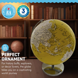 YELLOW WORLD GLOBE | Globes of the world | World globe for adults | Earth globe | Desk ornament | Explorers gift | World globe | 25cm (D) x 25cm (W) x 30 cm (H)