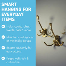 Load image into Gallery viewer, Set of Two Polished Brass 𝟯-𝗣𝗥𝗢𝗡𝗚 𝗦𝗪𝗜𝗩𝗘𝗟 𝗖𝗢𝗔𝗧 𝗛𝗢𝗢𝗞𝗦,  Folding Wall Mount Hanger with Screws Included
