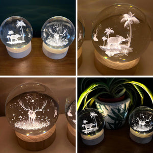 Set of Two 3D Crystal Ball Night Light USB Lamp with Reindeer and Elephant designs, elegant modern illumination for any room