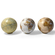 Load image into Gallery viewer, Set Of three Globes with individual display stands | Exploration globes desk set | Each 10cm in diameter | Presented in gift packaging | showcase different cartographic styles
