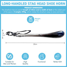 Load image into Gallery viewer, Long-Handled Aluminum Stag Head Shoe Horn, durable and easy to use shoehorn for effortless footwear access
