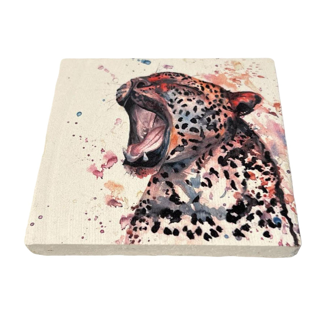 LEOPARD STONE COASTER | Stone Coasters | Animal novelty gift | Coaster for glass, mugs and cups| Square coaster for drinks | Leopard gift | Meg Hawkins art | 10cm x 10cm