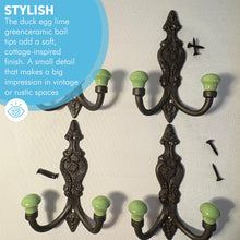 Load image into Gallery viewer, Set of 4 𝗙𝗥𝗘𝗡𝗖𝗛 𝗦𝗧𝗬𝗟𝗘 𝗖𝗔𝗦𝗧 𝗜𝗥𝗢𝗡 𝗗𝗢𝗨𝗕𝗟𝗘 𝗛𝗢𝗢𝗞𝗦 – Lime Green Ceramic Tops, Wall Coat Hooks for Hallway, Cloakroom, Bedroom
