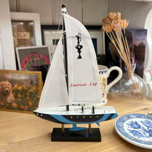 Load image into Gallery viewer, AMERICAS CUP MODEL YACHT BLUE HULL | Sailing | Yacht | Boats | Models | Nautical Gift | Sailing Ornaments | Yacht on Stand
