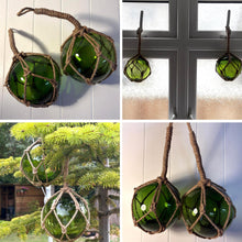 Load image into Gallery viewer, TWO DEEP GREEN GLASS FISHING FLOAT ORNAMENTAL SEA BUOY | hand blown | nautical seafaring fishing rustic décor | 10cm diameter | with rustic brown string netting and hanging loop | Japanese style glass fishing floats
