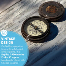 Load image into Gallery viewer, Vintage style reproduction 1920 Marine Pocket Compass with Robert Frost Poem, Antique Brass Finish, Distressed Look
