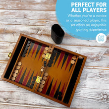 Load image into Gallery viewer, Deluxe 30cm Lacquered Wood Backgammon Set with Premium Leather Dice Cup with Varnished Wooden Game Chips
