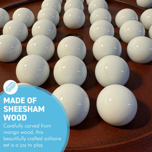 30cm Diameter WOODEN SOLITAIRE BOARD GAME with White MARBLES | classic wooden solitaire game | strategy board game | family board game | games for one