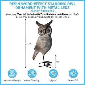 Resin Wood-Effect Standing Owl Ornament with Metal Legs – 25cm Tall, Playful Home Décor
