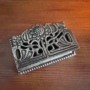 Antique style brass sunflower postage stamp holder and inkwell – polished brass desk organizer and storage