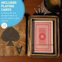 Load image into Gallery viewer, Handcrafted 𝗪𝗢𝗢𝗗𝗘𝗡 𝗣𝗟𝗔𝗬𝗜𝗡𝗚 𝗖𝗔𝗥𝗗 𝗕𝗢𝗫 with Silver Ace of Spades Inlay – Single Deck Storage Case with Playing Cards, Poker Gift for Card Players
