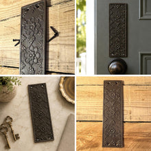 Load image into Gallery viewer, The Ellerker – Hand-Cast Ornate Finger Plate in Antique Iron
