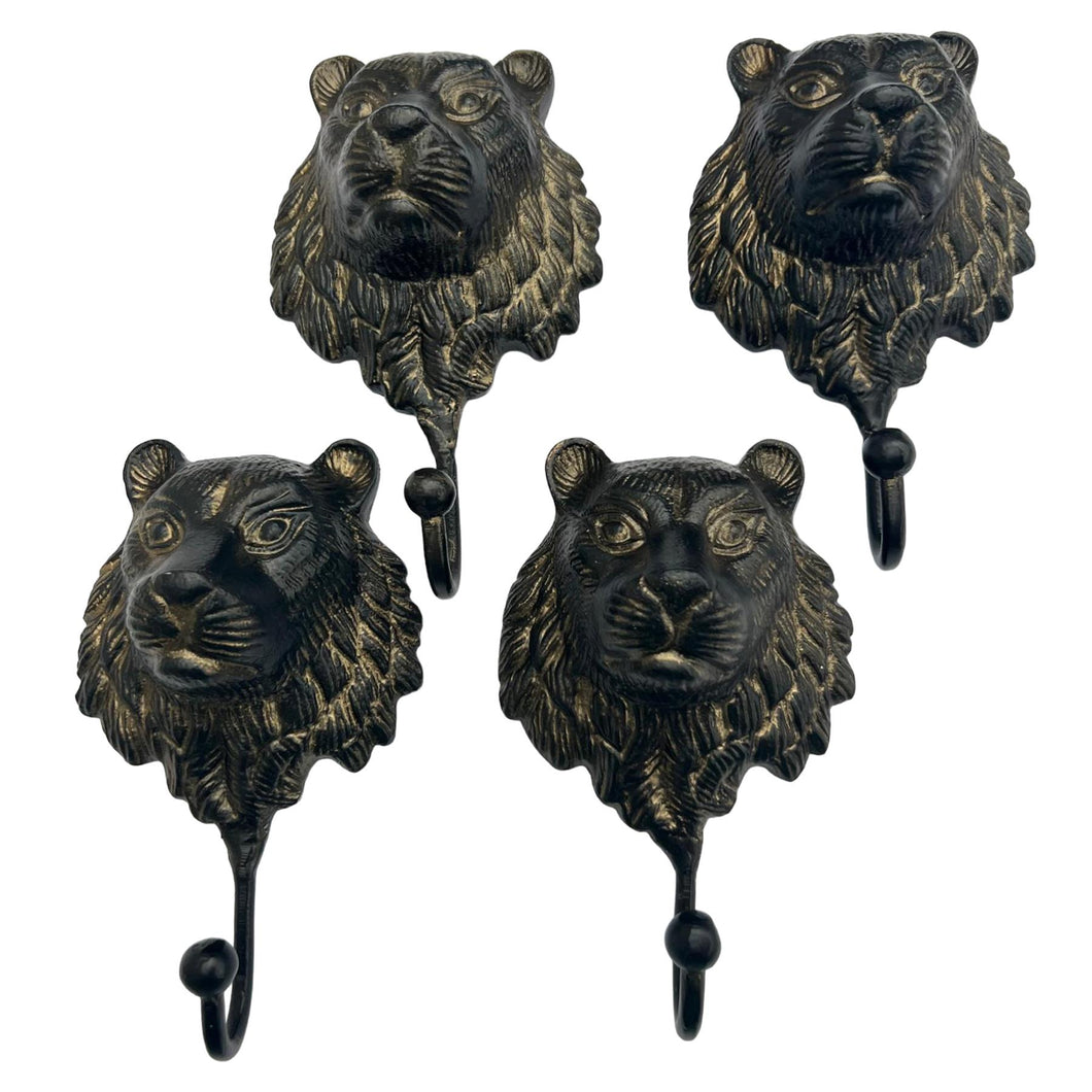 Set of Four Sturdy Wall-Mounted Cast Iron Lion Head Hook Hanger for Hats, Coats, Clothes - Perfect for Kitchen, Bathroom, Bedroom, Office