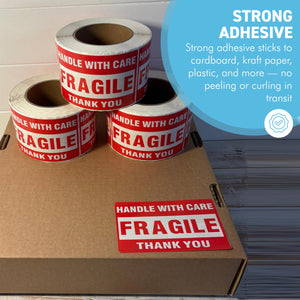 Three Rolls Premium Fragile Warning Stickers – Self-Adhesive “Fragile Handle with Care” Shipping Labels, 1000 Stickers per Roll, Bright Red & White, Waterproof & Tear-Resistant, for Boxes, Parcels & Packages