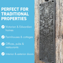 Load image into Gallery viewer, Aztec Ornate Antique Iron Push Finger Plate – Elegant Traditional Door Protection
