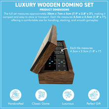 Load image into Gallery viewer, 𝗛𝗔𝗡𝗗𝗖𝗥𝗔𝗙𝗧𝗘𝗗 𝗪𝗢𝗢𝗗𝗘𝗡 𝗗𝗢𝗠𝗜𝗡𝗢 𝗦𝗘𝗧 with Silver Inlay and Acrylic Hinged Lid – Black &amp; Natural Wood, Elegant Game Night Gift
