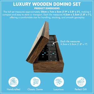 𝗛𝗔𝗡𝗗𝗖𝗥𝗔𝗙𝗧𝗘𝗗 𝗪𝗢𝗢𝗗𝗘𝗡 𝗗𝗢𝗠𝗜𝗡𝗢 𝗦𝗘𝗧 with Silver Inlay and Acrylic Hinged Lid – Black & Natural Wood, Elegant Game Night Gift