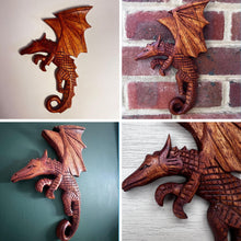 Load image into Gallery viewer, Flying Dragon Plaque in Hand Carved Wood, Wooden Mythical Flying Dragon Ornament
