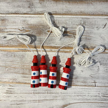 Load image into Gallery viewer, Set of 4 Red and white Lighthouse light pulls | Nautical Theme Wooden Lighthouse Cord Pull Light Pulls
