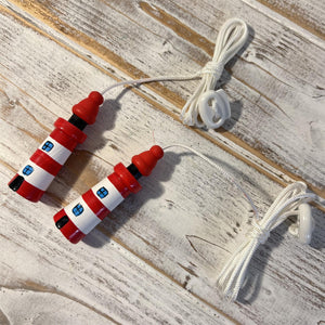 Pair of Red and white Lighthouse light pulls | Nautical Theme Wooden Lighthouse Cord Pull Light Pulls