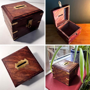 Handcrafted Wooden Money Box, Square Coin Piggy Bank, Decorative Savings Storage, Secure and Durable Safe for Coins